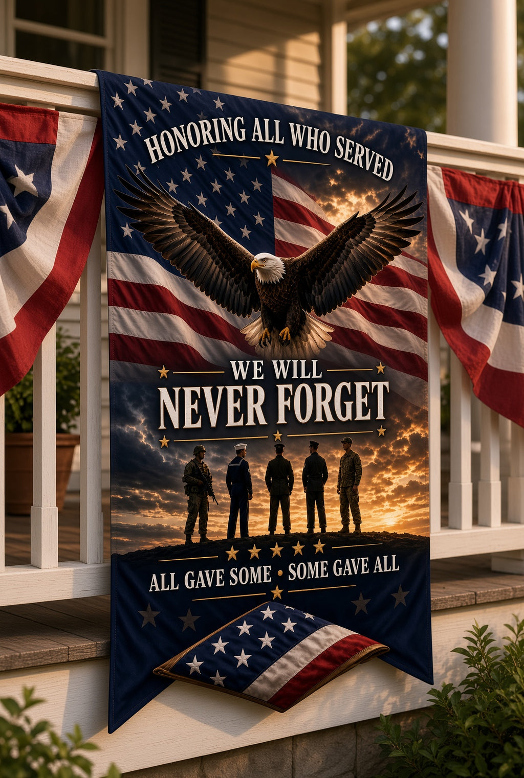 9/11 Memorial Outdoor Flag – "We Will Never Forget" Tribute Flag with Eagle & Soldiers ( 12x18, 24x36, 36x60)