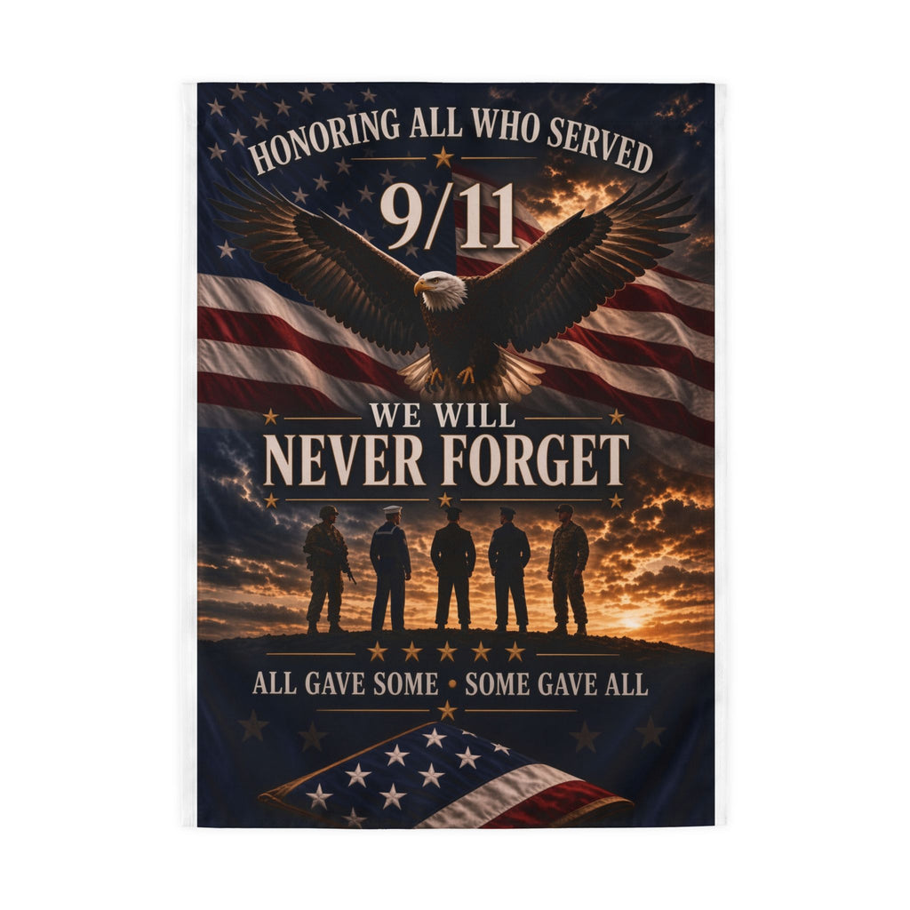 9/11 Memorial Outdoor Flag – "We Will Never Forget" Tribute Flag with Eagle & Soldiers ( 12x18, 24x36, 36x60)