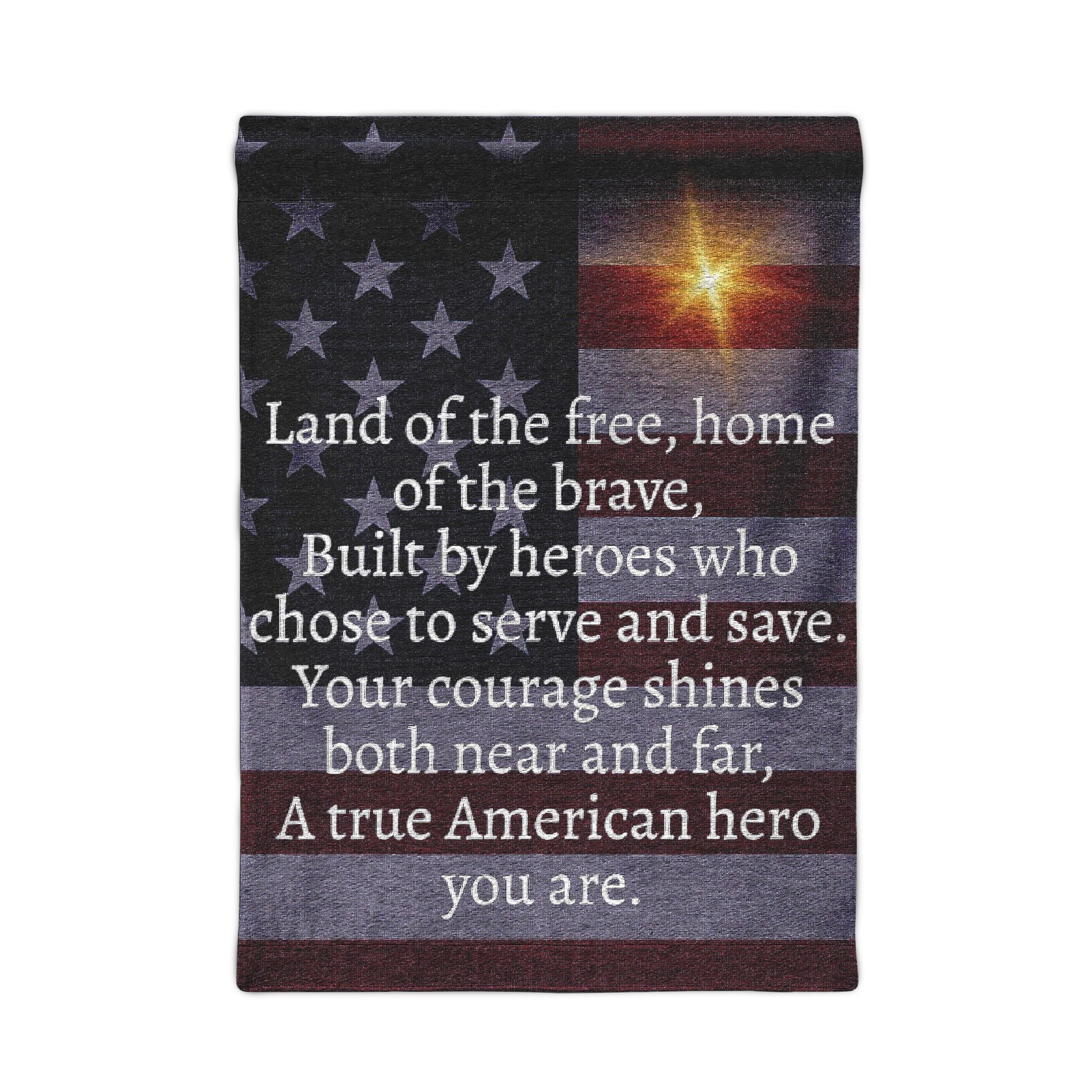 Woven Wall Tapestry — Patriotic American Flag with Inspirational Hero Poem (white text)