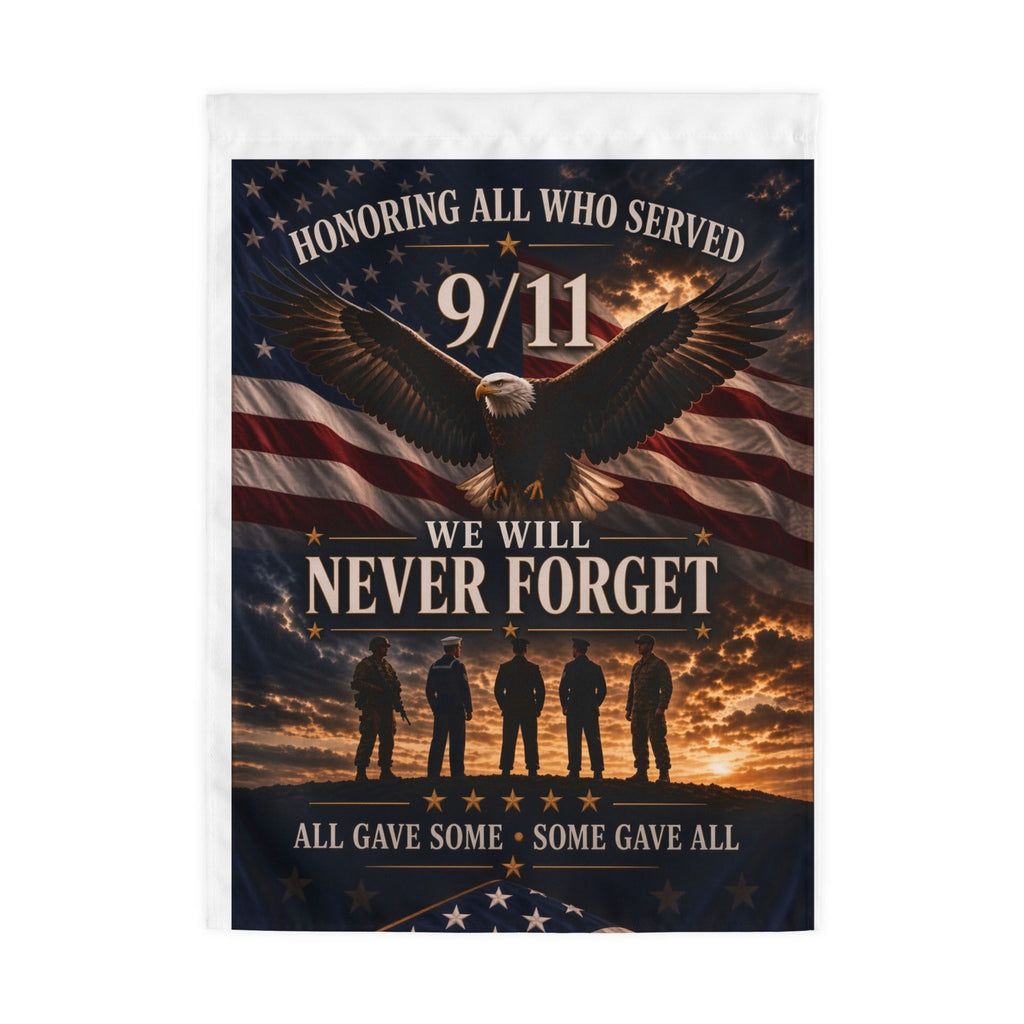 9/11 Memorial Outdoor Flag – "We Will Never Forget" Tribute Flag with Eagle & Soldiers ( 12x18, 24x36, 36x60)