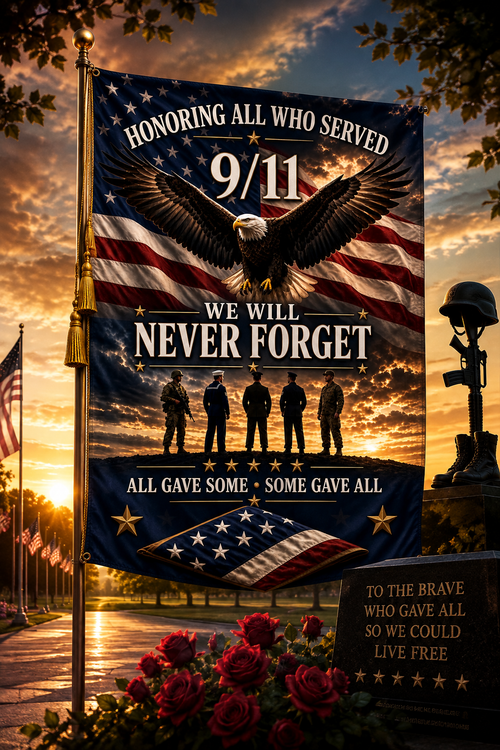 9/11 Memorial Outdoor Flag – "We Will Never Forget" Tribute Flag with Eagle & Soldiers ( 12x18, 24x36, 36x60)