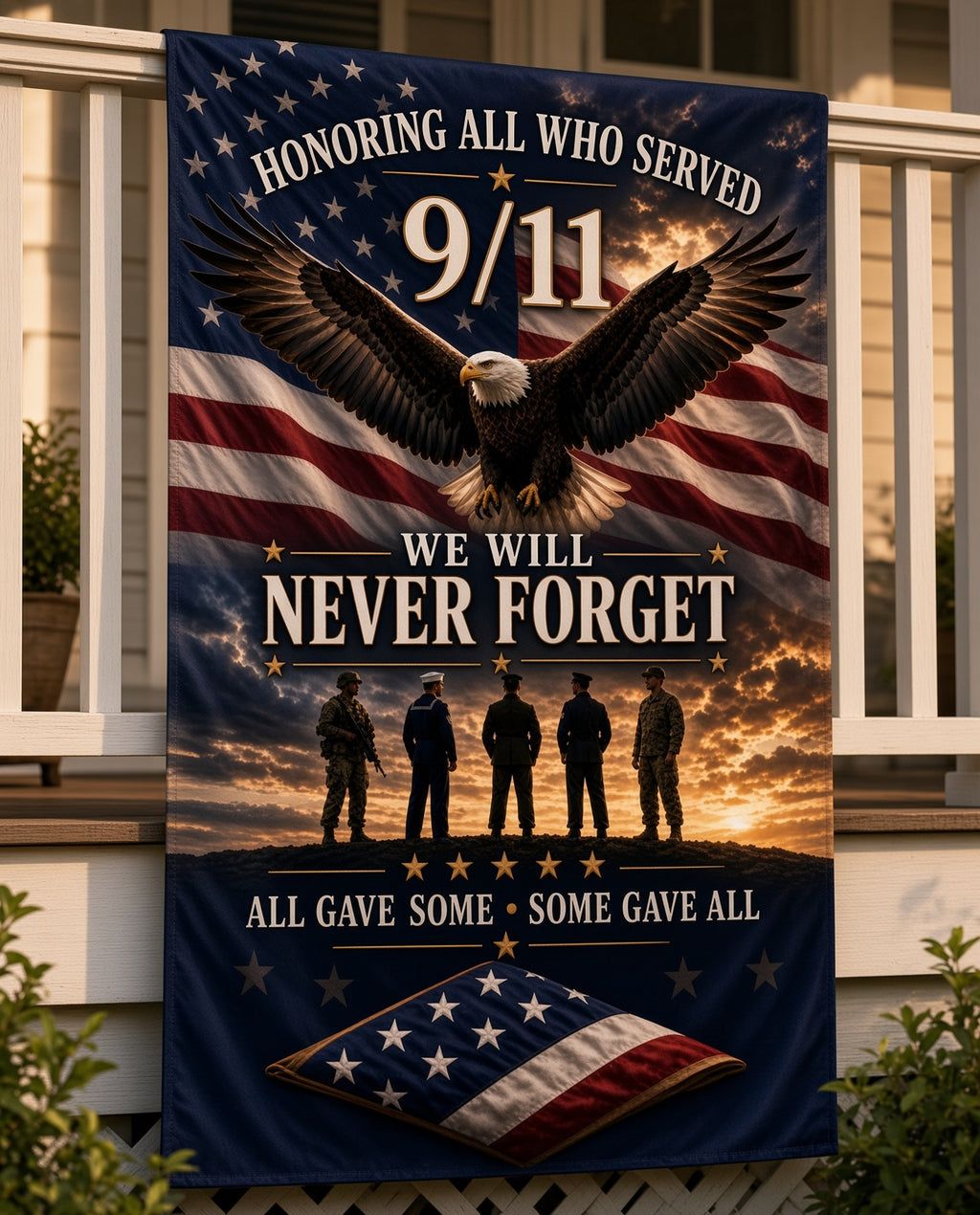 9/11 Memorial Outdoor Flag – "We Will Never Forget" Tribute Flag with Eagle & Soldiers ( 12x18, 24x36, 36x60)