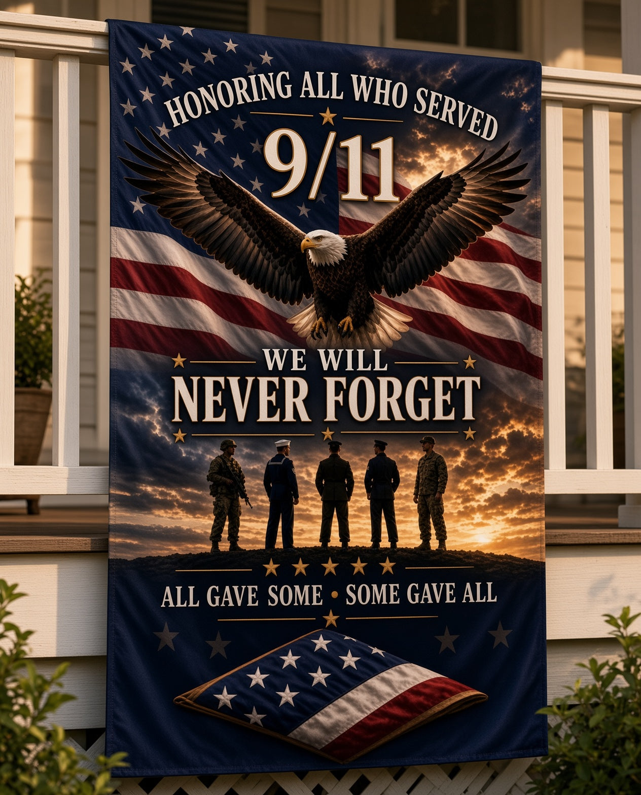 9/11 Memorial Outdoor Flag – "We Will Never Forget" Tribute Flag with Eagle & Soldiers ( 12x18, 24x36, 36x60)
