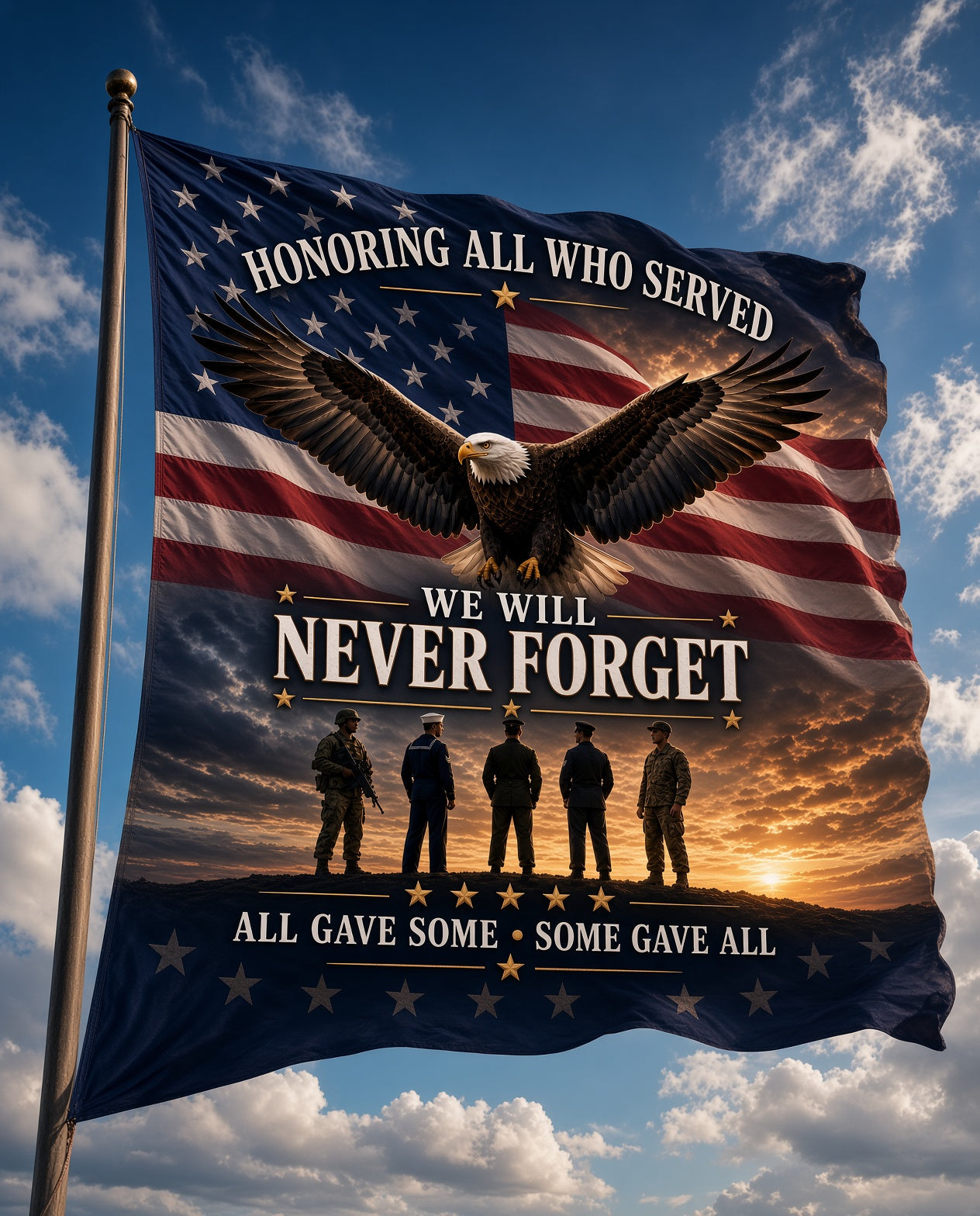 9/11 Memorial Outdoor Flag – "We Will Never Forget" Tribute Flag with Eagle & Soldiers ( 12x18, 24x36, 36x60)
