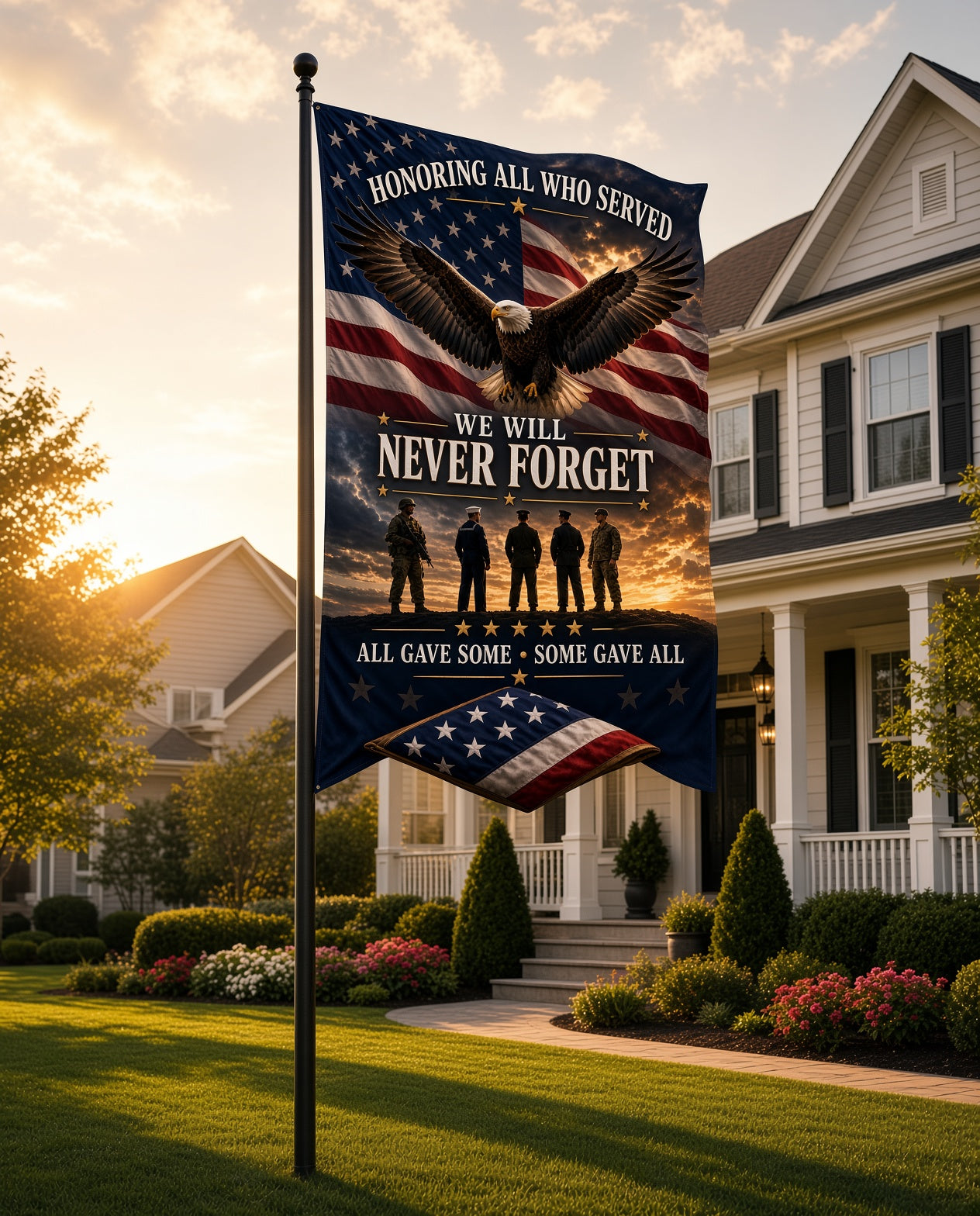 9/11 Memorial Outdoor Flag – "We Will Never Forget" Tribute Flag with Eagle & Soldiers ( 12x18, 24x36, 36x60)