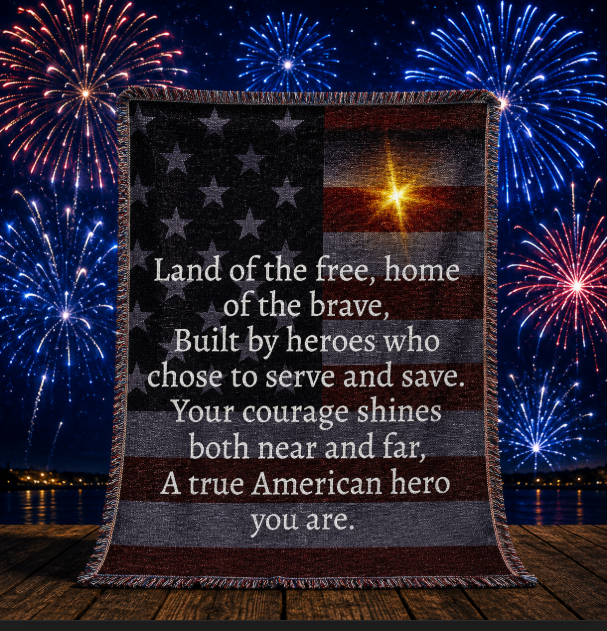 Woven Wall Tapestry — Patriotic American Flag with Inspirational Hero Poem (white text)