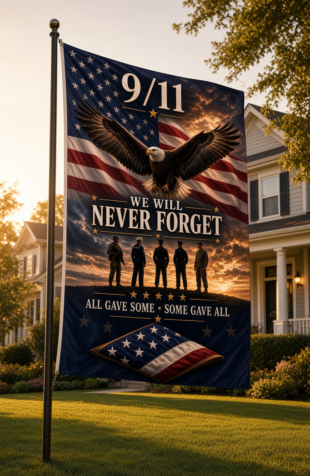 9/11 Memorial Outdoor Flag – "We Will Never Forget" Tribute Flag with Eagle & Soldiers ( 12x18, 24x36, 36x60)